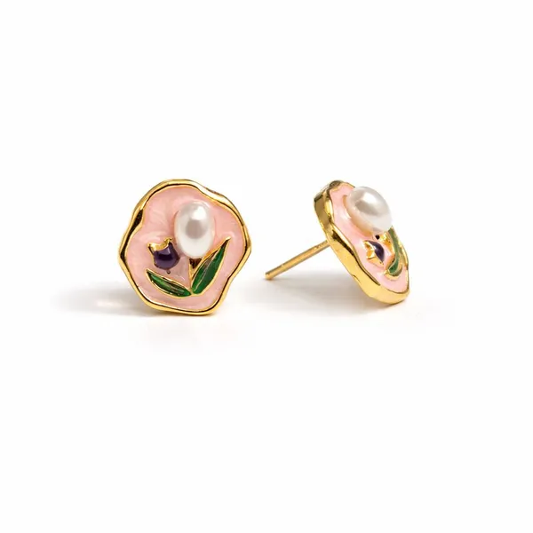 Gold_Plated_Pink_Enamel_Tulip_Pearl_Stud_Earrings_For_Women